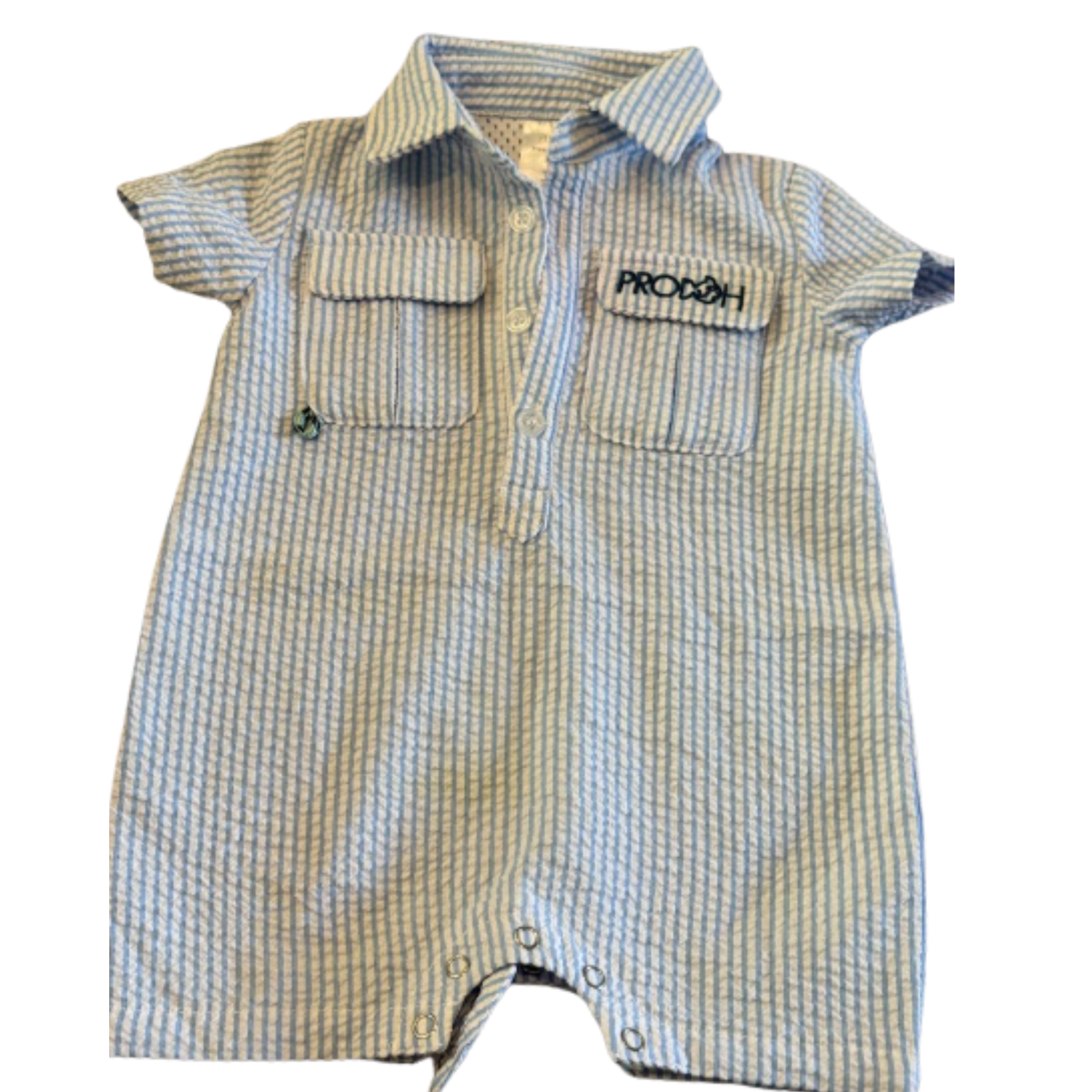 ProDoh Blue Seersucker Fishing Shirt Romper Size Boys 3M
