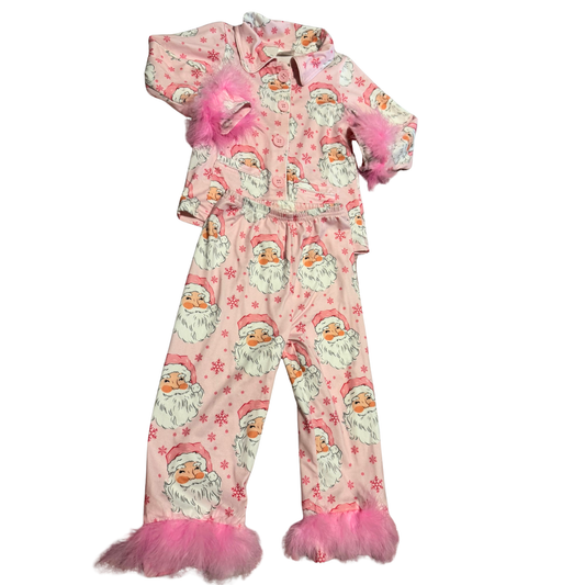 Pink Santa Print Pajama Set with Feather Trim Size Girls 2T