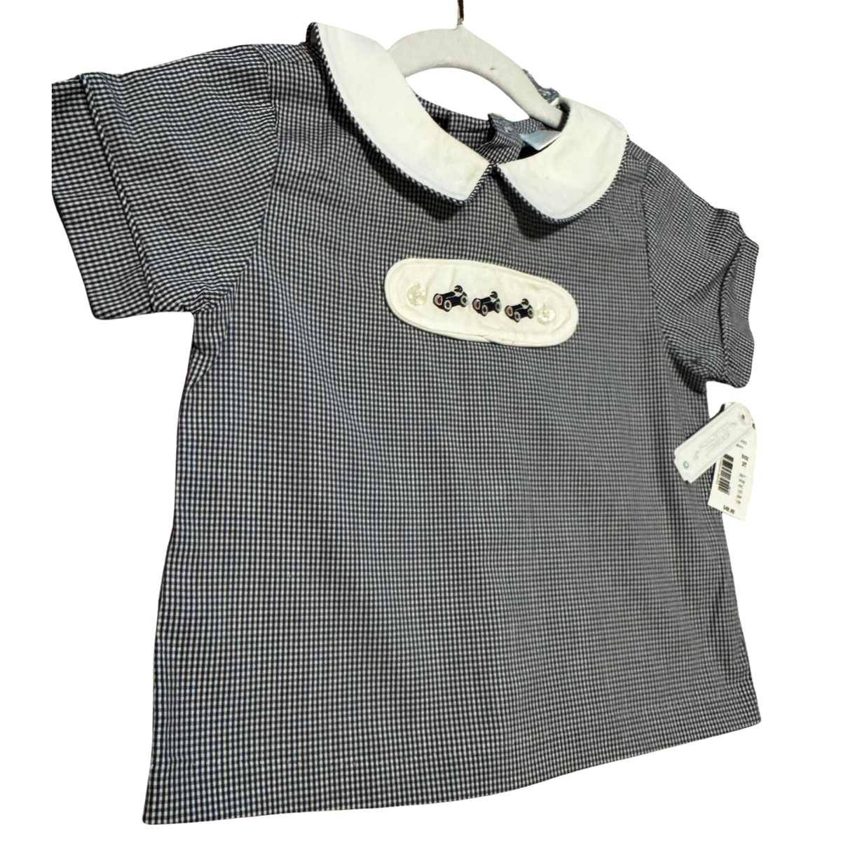 Navy Gingham Top with Race Car Embroidery Size Boys 12M
