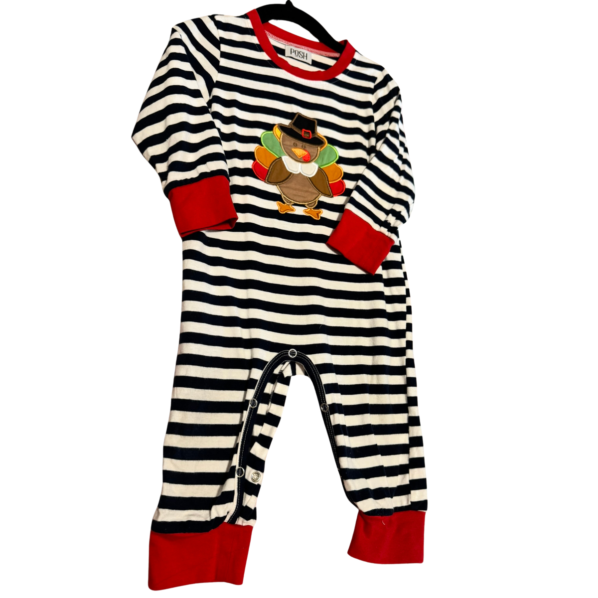 Posh Navy Striped Turkey Applique Romper Size 12-18M