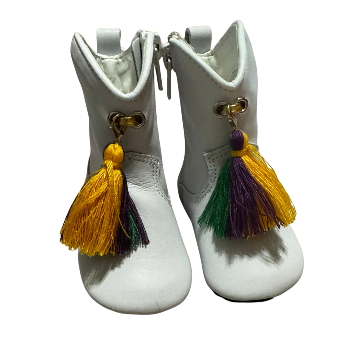 Belle Cher White Leather Boots with Mardi Gras Tassels Size 1