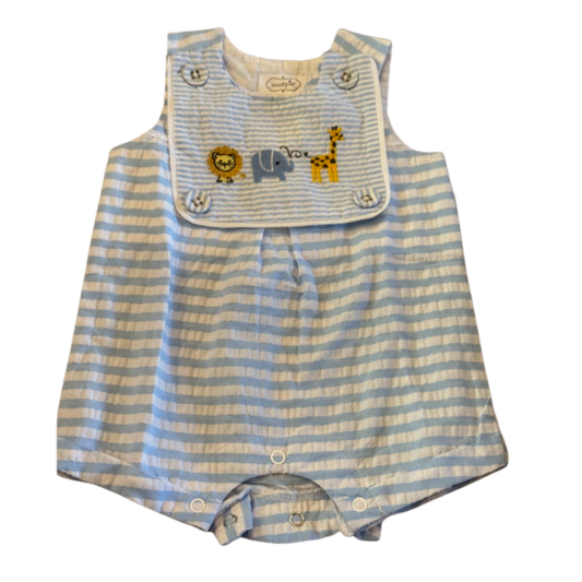 Mud Pie Blue Seersucker Safari Animal Shortall Size Boys 0-3 Months