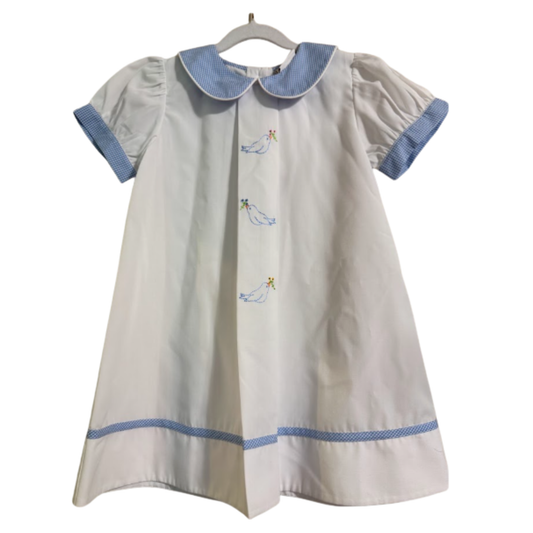 White Embroidered Dove Dress with Blue Gingham Trim Size 6M