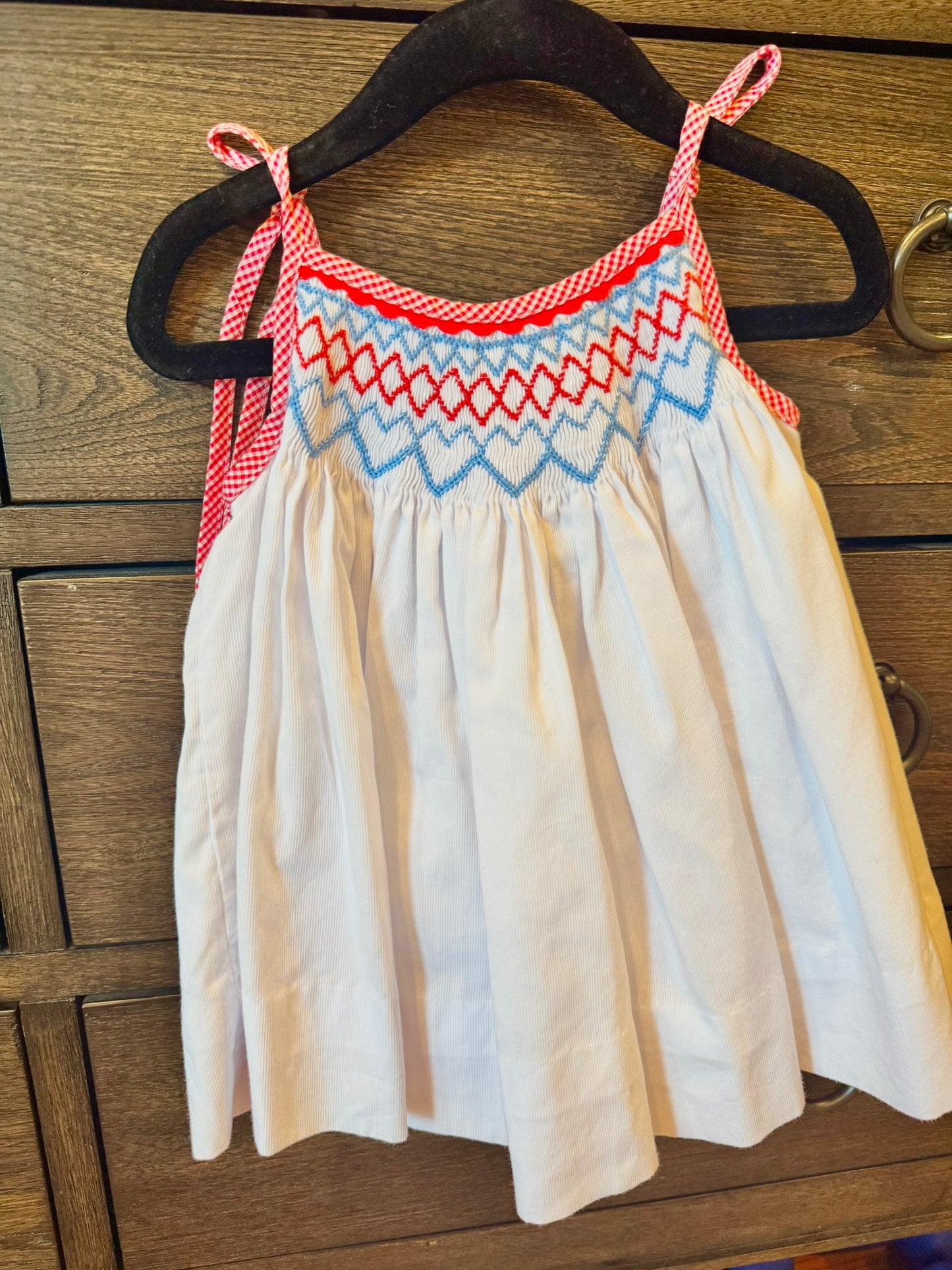 Smocking Bird Red and Blue Smocked Tie Shoulder Dress Size 3T