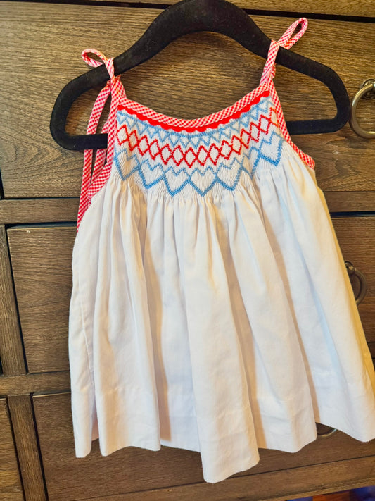 Smocking Bird Red and Blue Smocked Tie Shoulder Dress Size 3T