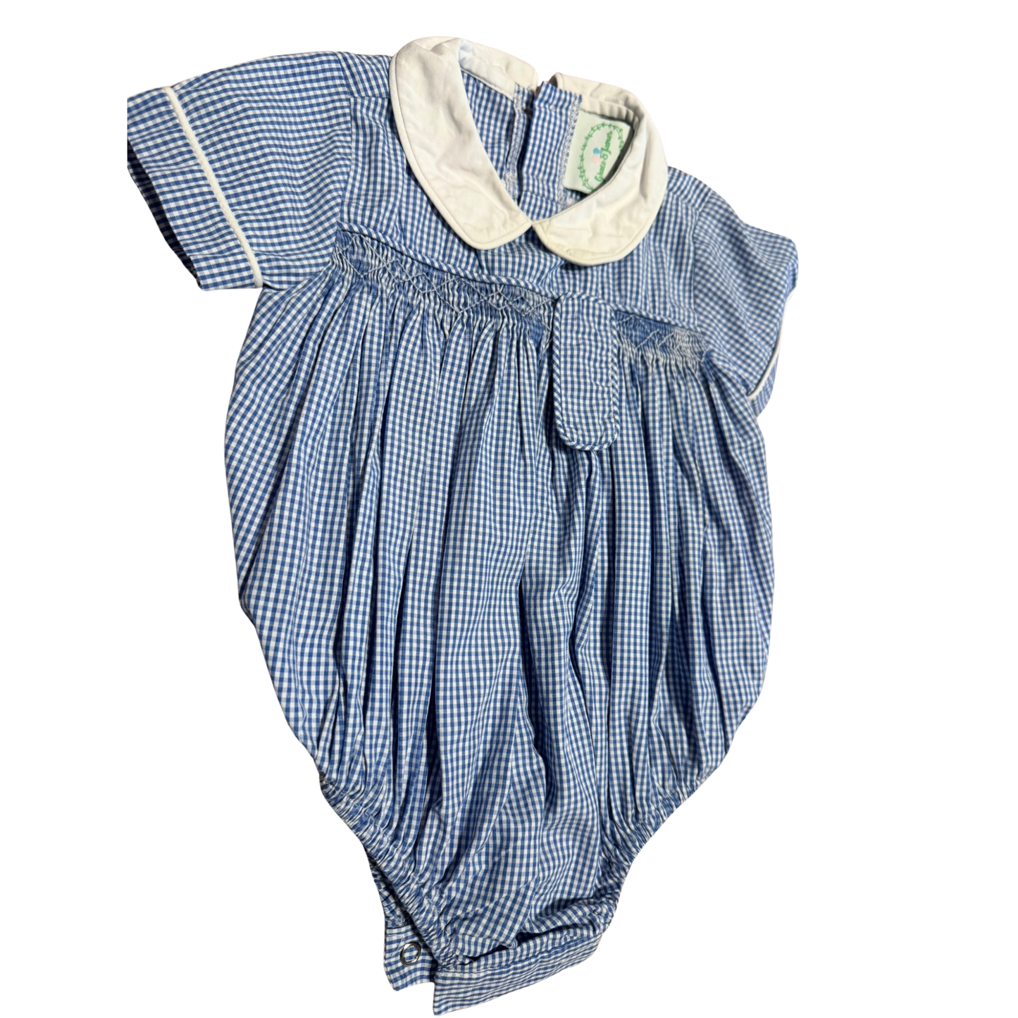 Grace & James Blue Gingham Smocked Bubble 9M